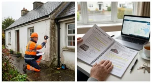 Structural engineer inspecting house subsidence damage in residential property