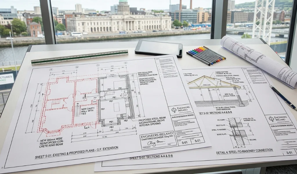 Structural drawings prepared for a house extension in Dublin