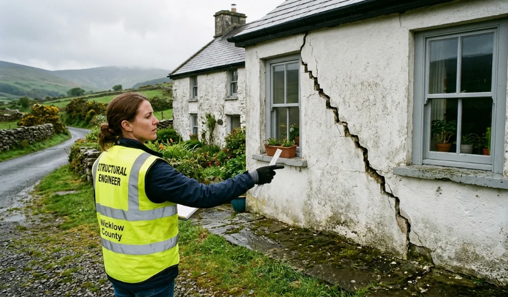 Structural engineer measuring wall crack width with a gauge