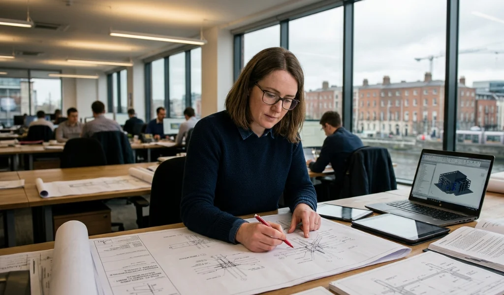 Structural engineer reviewing structural drawings for a building project in Dublin