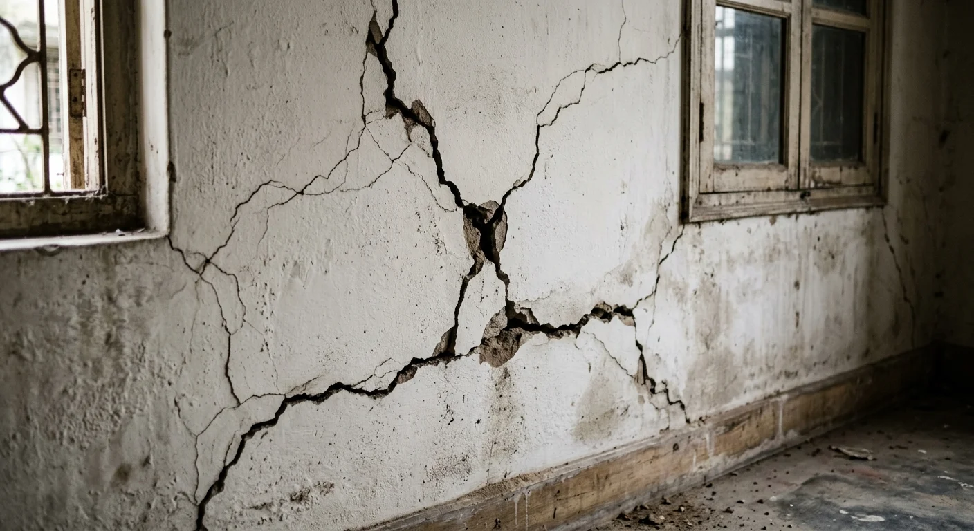 Diagonal structural crack in a wall next to a window, the kind that warrants an engineer's assessment