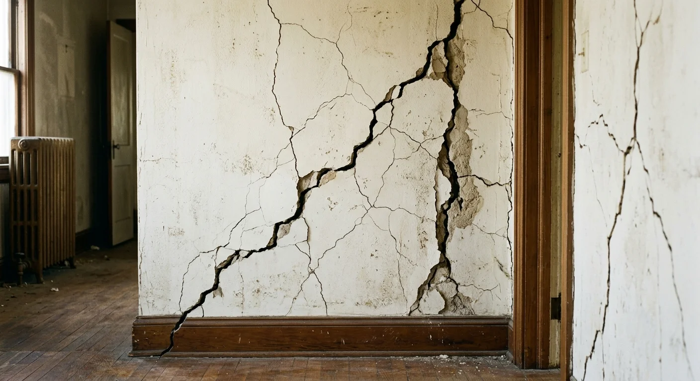 Diagonal structural crack in a wall next to a window, the kind that warrants an engineer's assessment