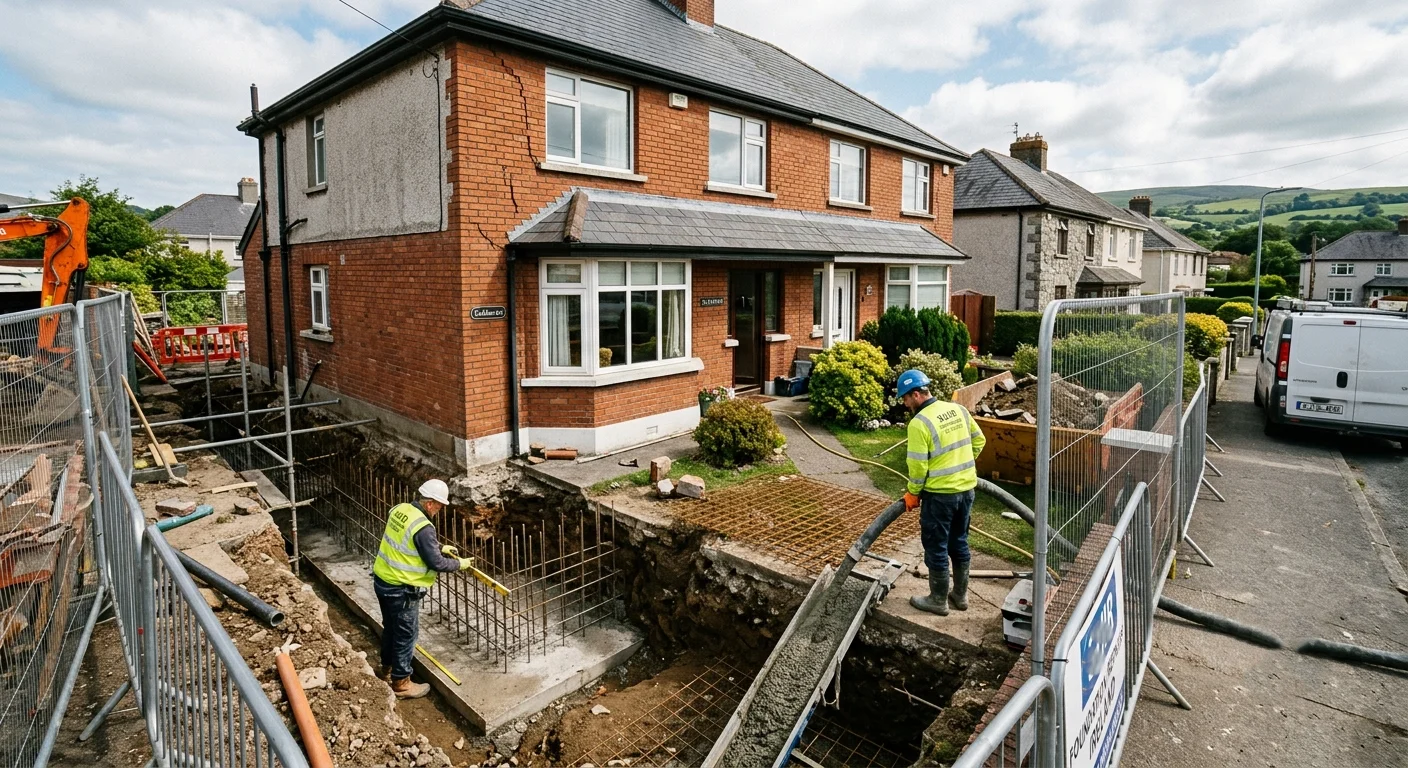 Mass concrete underpinning being carried out beneath a house foundation to repair subsidence